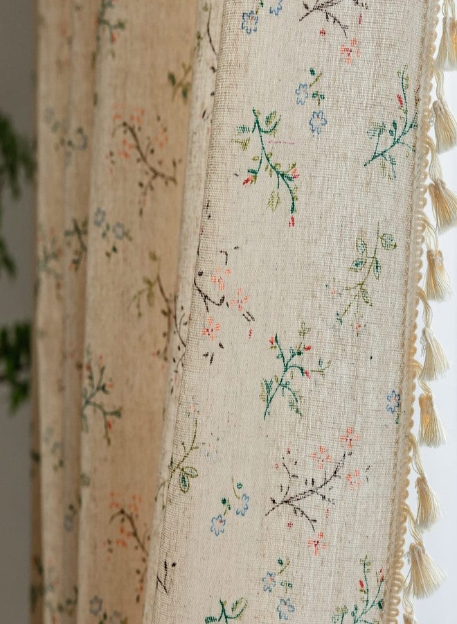 ENJOYBRIDAL ستائر غرفة نوم مزينة بالزهور من إنجوي برايدال، طولها 84 بوصة، طقم من لوحتين، ستائر غرفة معيشة شبه شفافة بنمط ريفي، مصنوعة من مزيج القطن والكتان، ستائر نوافذ بوهيمية مزينة بشرابة، لون بيج، مزودة بجيب للعمود. - Image 1